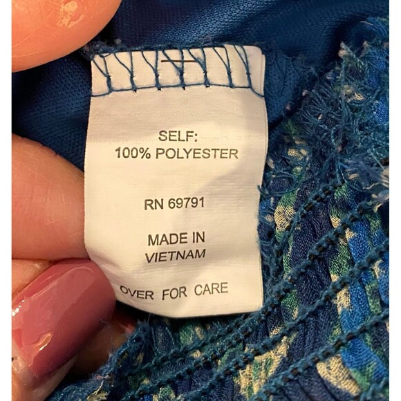 FIGUEROA & Flower Blouse Sz Large Boho Peasant Elastic Waist Blue Green Top - Picture 12 of 12